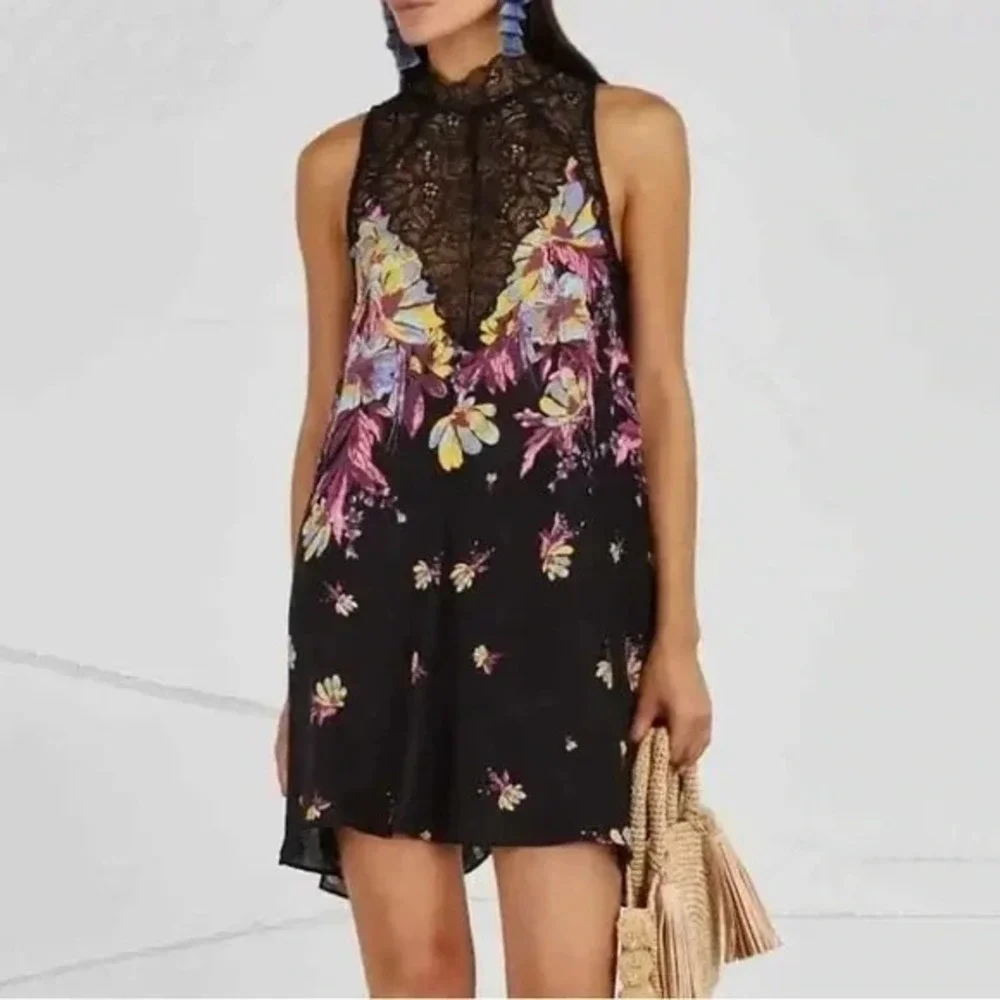 Free People Marsha Lace Mini Dress Women's‎ XS Black Floral Boho Romantic NWT